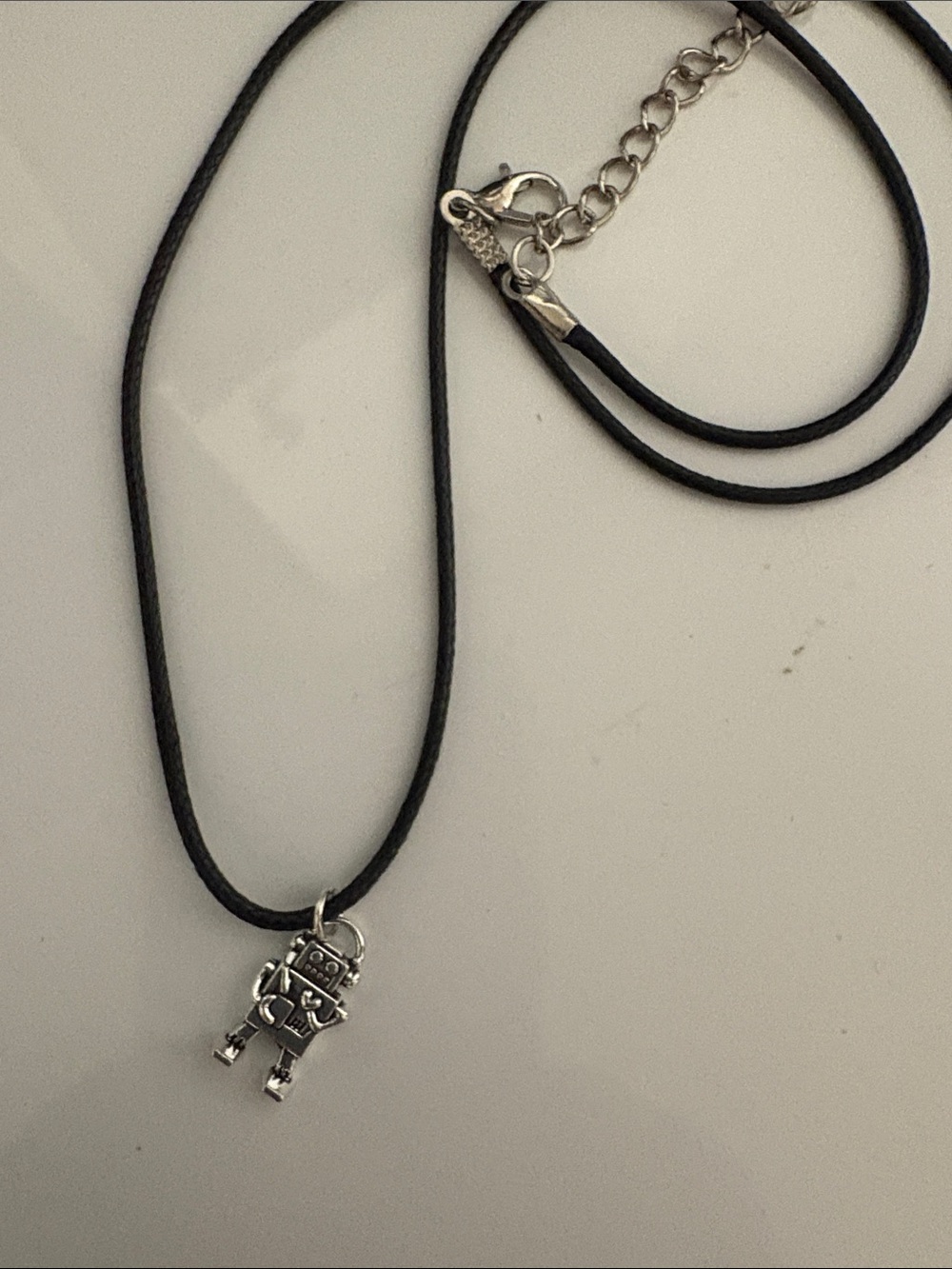 Silver Robot Charm Necklace on Black Cord by Sassy Charmer